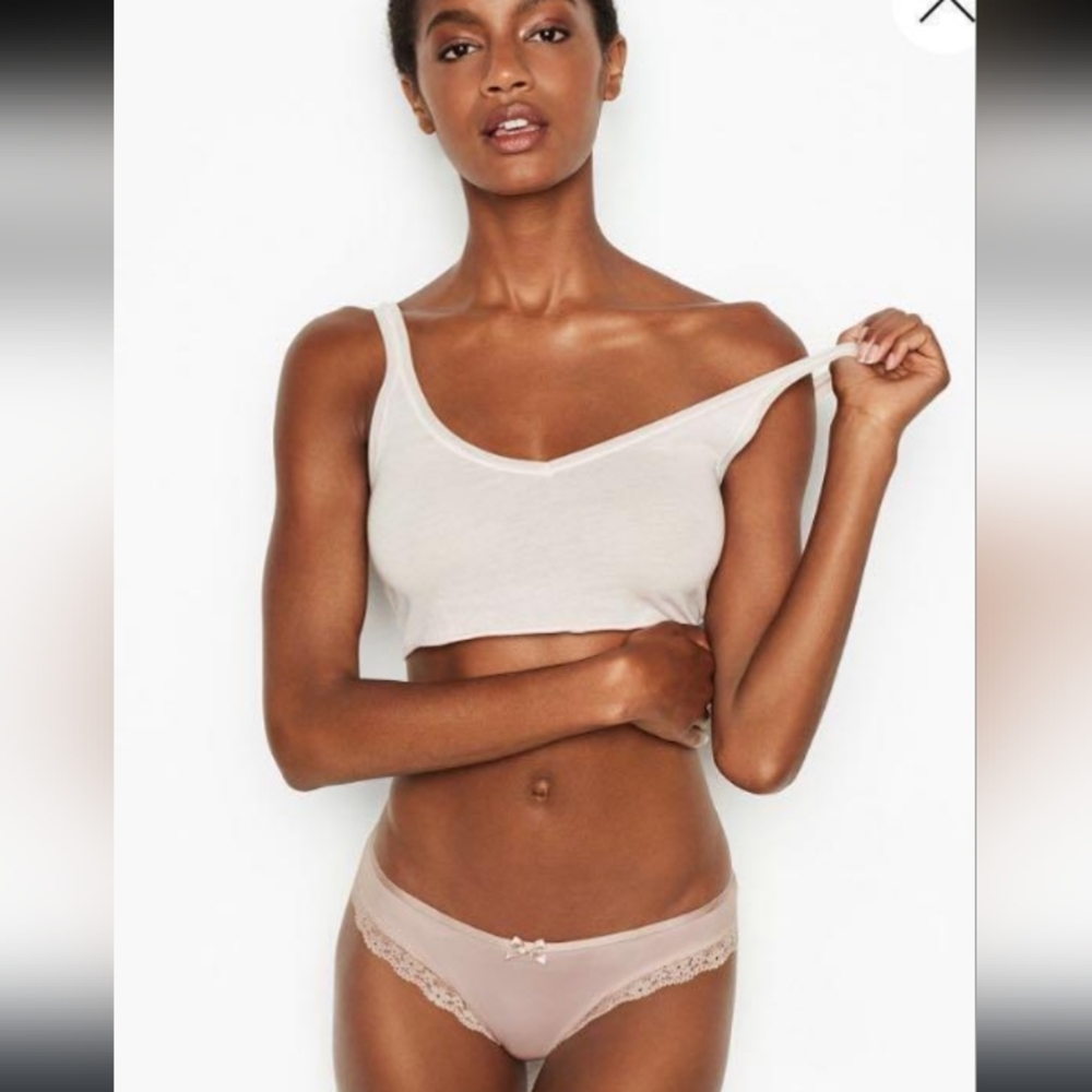 Victoria Secret- Satin & Lace Black Bow Thong Panty (Cream & Black)-XS